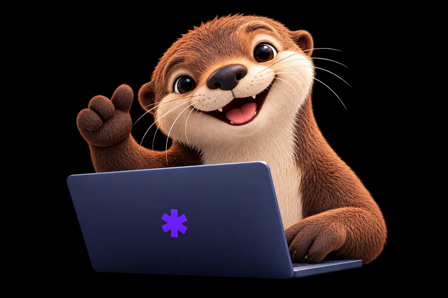 The Gotter otter smiling and waving from behind a laptop